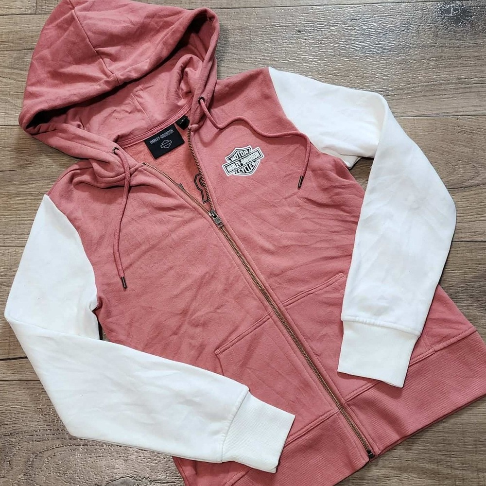 Harley Davidson Womens Pink White Colorblock Full Zip Hoodie Sweatshirt Small